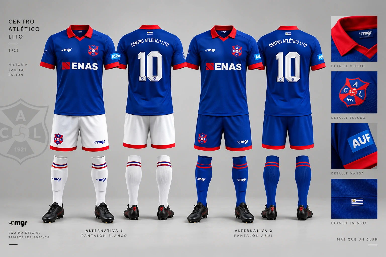 Lámina del equipo oficial: camiseta azul con cuello y vivos rojos, con pantalón blanco y con pantalón azul, y detalles de cuello, escudo, manga y espalda