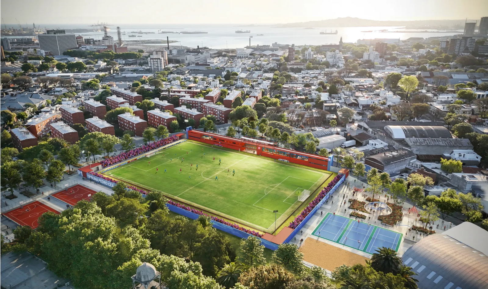 Render aéreo del proyecto: la cancha, las tribunas y el barrio, con la bahía de fondo