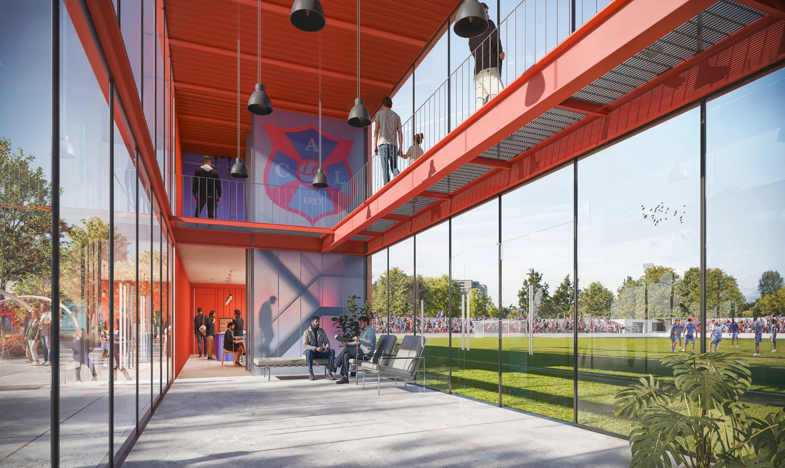 Render del interior de las instalaciones, con la cancha del otro lado del vidrio